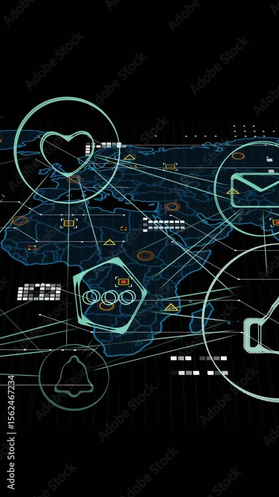 Poster animation of financial data processing over world map on dark background