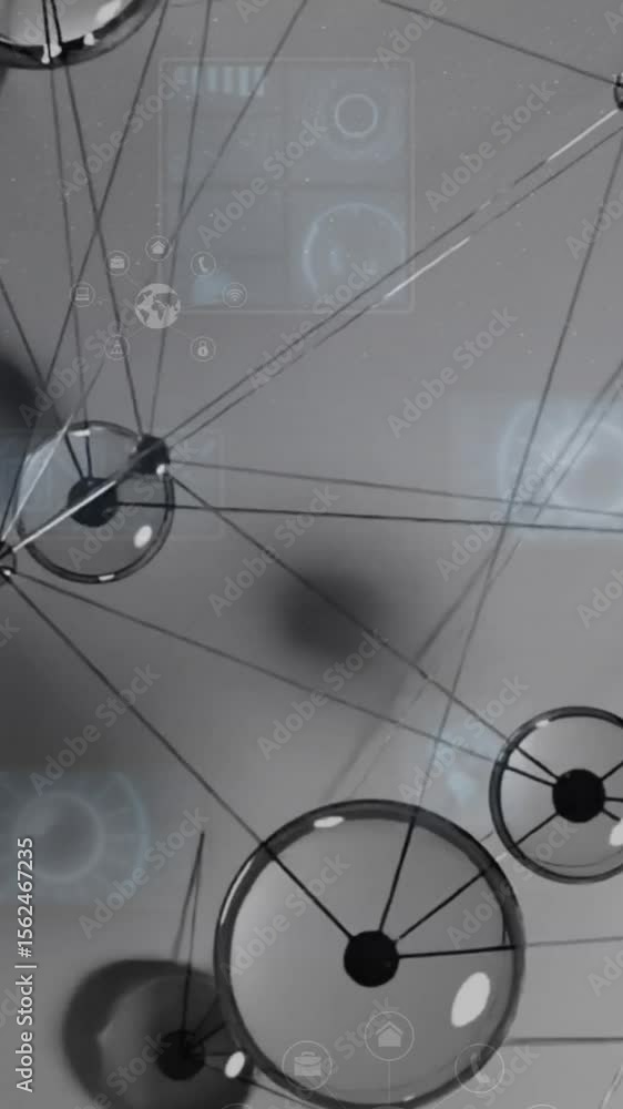 Poster animation of network of connections and data processing over grey background