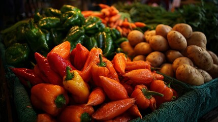 Fresh veggies at the market! Get your peppers, carrots, and potatoes here.