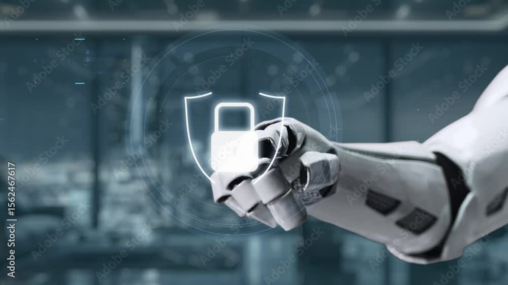 Poster a robotic hand engages with a digital security interface, emphasizing the importance of data protect