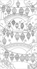 Fototapeta premium Decorative asian lanterns hanging from wires over bridges and trees isolated on transparent background