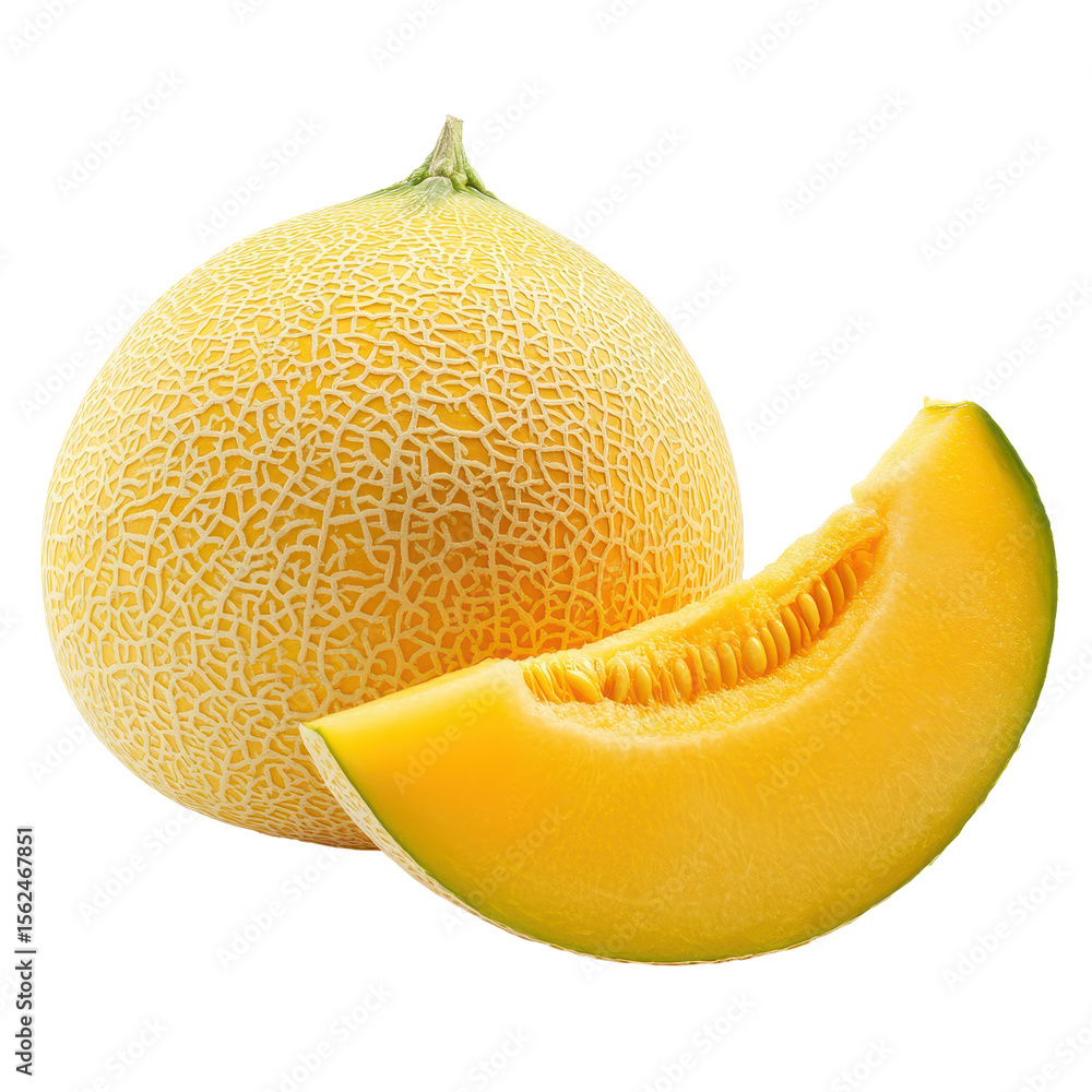 Poster fresh yellow cantaloupe melon with slice on transparent background showcasing vibrant color and text