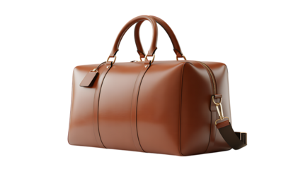 Photo of a stylish brown leather travel bag isolated on transparent background