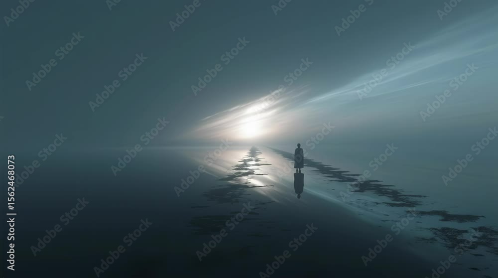 Poster Solitary Figure Walking Towards Light on a Reflective Path