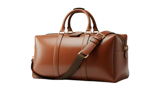 Photo of a classic brown leather travel bag isolated on transparent background