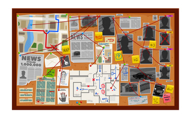 Detective board, investigate wall with map and photo, newspaper and pinboard, vector crime investigation, police office interior. Cartoon detective pin board with evidences, clues, red strings
