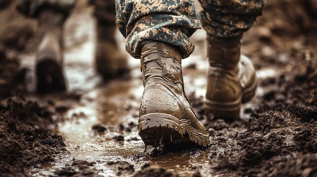 Military boots traverse muddy terrain during field training exercise at dawn under cloudy skies - Powered by Adobe