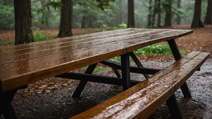 Fototapeta premium Tranquil forest picnic table: serene woodland setting after rain showers