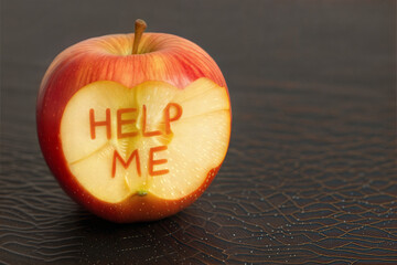Red apple with HELP ME carved on dark surface	