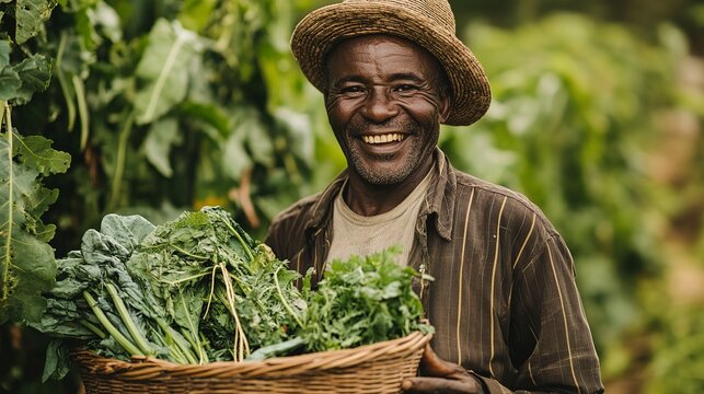 Smiling farmer joyfully carries basket of fresh vegetables in lush green field during harvest season - Powered by Adobe