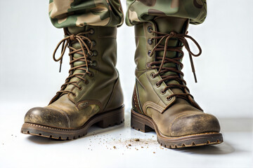 Military boots on white background with dirt	