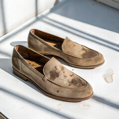 Dirty brown leather loafers on white surface	