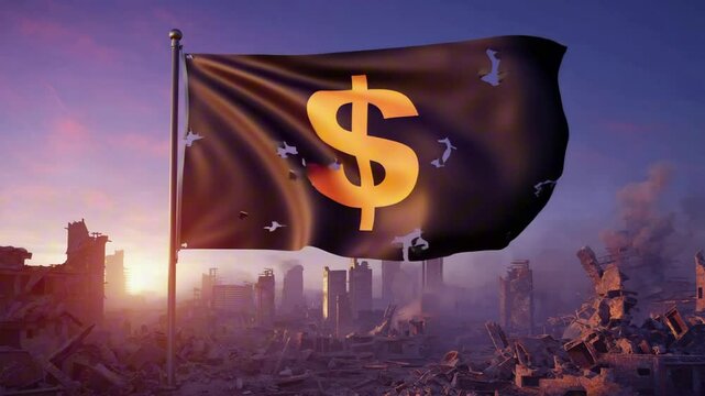A tattered flag featuring a $ sign flutters in slow motion above a war-torn battlefield, smoke and ash in the air, cinematic war drama loop