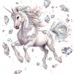 Fototapeta premium Majestic unicorn adorned with diamonds surrounded by glittering gems in a magical setting, unicorn with diamonds, is surrounded by other Transparent background