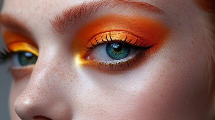 Fototapeta premium Flawless makeup featuring vibrant orange and yellow hues on a model's face in a beauty shoot