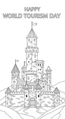 Naklejka premium Happy world tourism day castle coloring page isolated on transparent background
