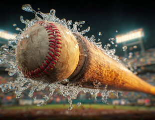 Baseball Impacted by Wooden Bat with Water Splash / High-Speed Motion Capture / Dynamic Sports Action