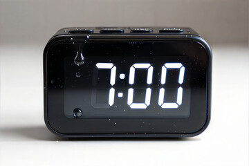 Digital alarm clock showing 7 AM on white background	