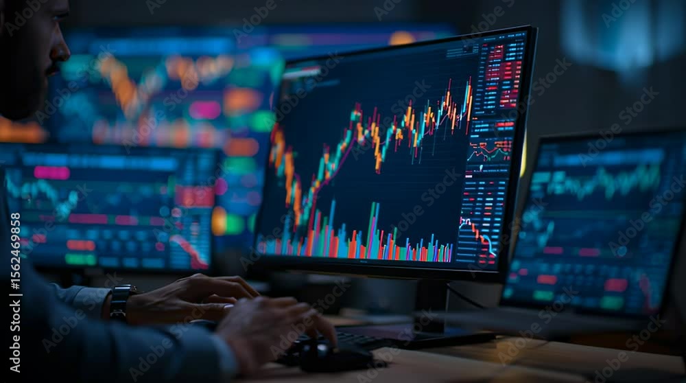 Poster Stock Trader Analyzing Market Data on Multiple Monitors