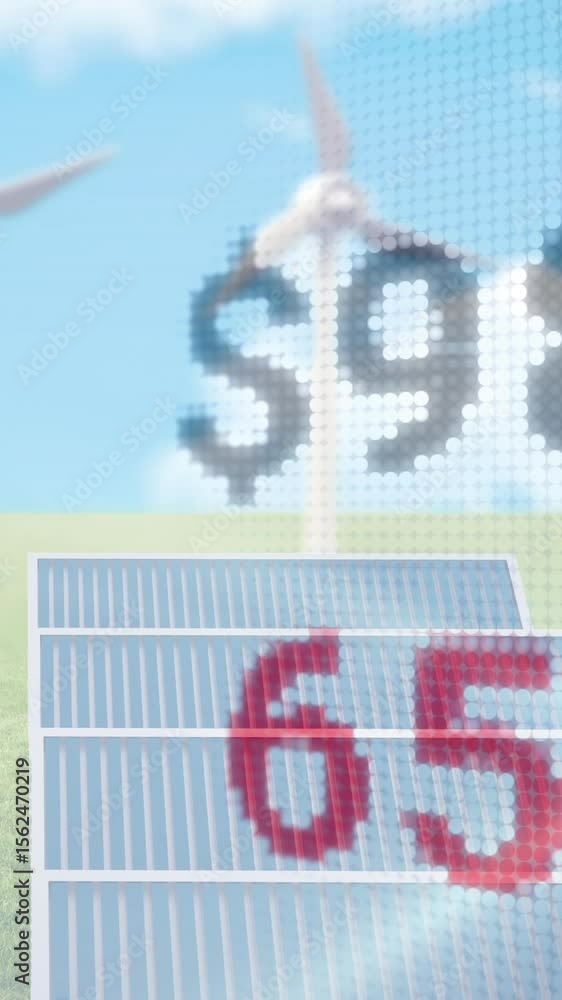Poster animation of financial data and graphs over background with solar panels and wind turbines