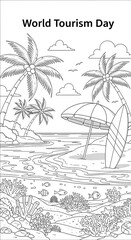 World tourism day tropical beach scene with palm trees surfboard and ocean life isolated on transparent background