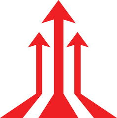 three converging red arrows pointing upwards isolated on white background.