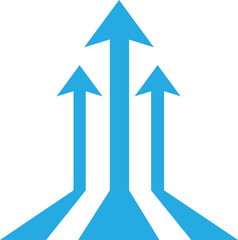 three converging blue arrows pointing upwards isolated on white background.