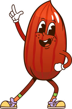 Naklejki Cartoon groovy almond nut dancing funny character. Vegetarian diet and healthy nutrition food product isolated groovy vector cute personage. Almond nut cheerful retro mascot or funky character