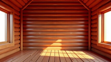Cabin interior with cedar wood paneling and windows