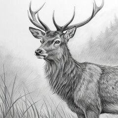 Pen and Ink Red Deer Portrait Detailed Fur and Antler Illustration, wildlife art, animal drawing