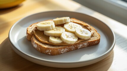 toast bread with peanut butter and banana light background