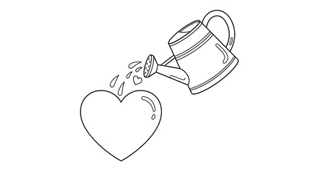 Stylized watering can pouring water droplets and a heart onto a large heart isolated on transparent background