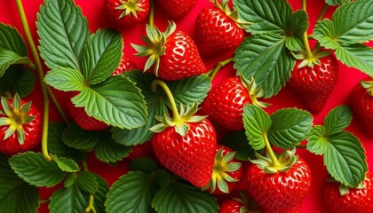 Vibrant red background, juicy strawberries & lush green leaves, texture, artwork