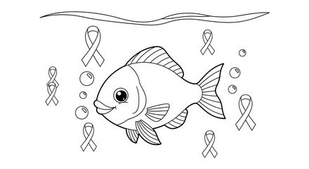 Cute cartoon fish swimming with awareness ribbons and bubbles isolated on transparent background