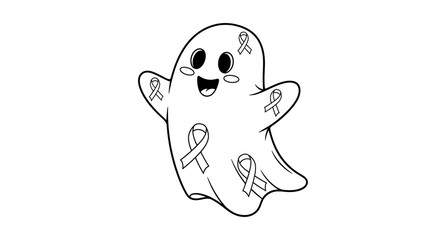 Cute cartoon ghost character with awareness ribbons isolated on transparent background