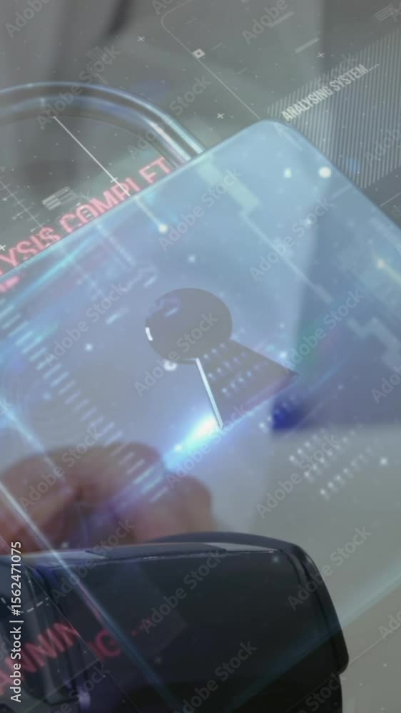 Poster animation of network security padlock over people using payment terminal