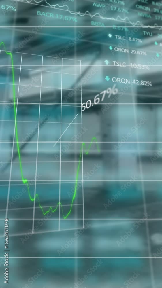 Poster animation of financial data processing over empty warehouse