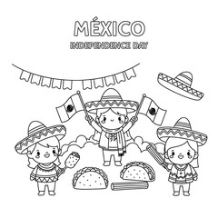 Cute mexican children celebrating independence day with flags and tacos isolated on transparent background
