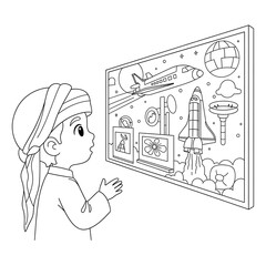 Young boy dressed in traditional clothing looking at a display of space and flight isolated on transparent background