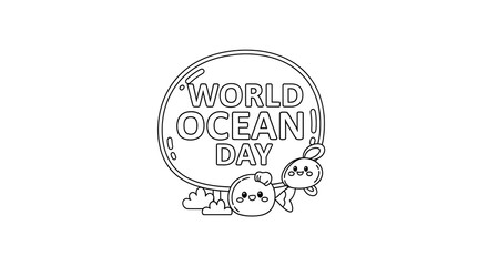 Cute cartoon characters celebrating world ocean day isolated on transparent background