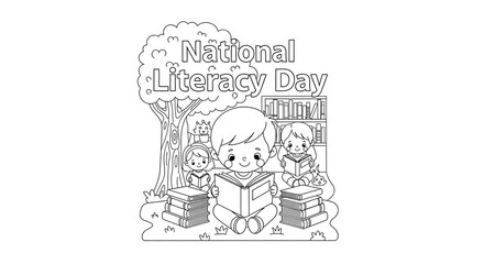 Children reading books under a tree celebrating national literacy day isolated on transparent background