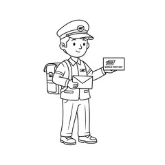 Cartoon postman holding an envelope and a world post day card isolated on transparent background