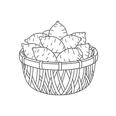 Hand drawn illustration of a basket filled with sweet potatoes isolated on transparent background