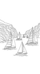Line art drawing of sailboats sailing on the water near rocky cliffs isolated on transparent background