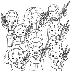 Happy children holding wheat stalks and fruits isolated on transparent background