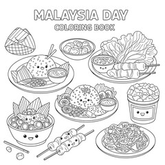 Cute kawaii malaysian food dishes coloring book page isolated on transparent background