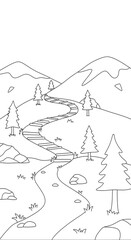Winding stone path through rolling hills and pine trees isolated on transparent background