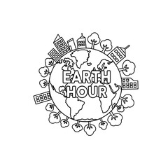Earth hour concept with planet earth surrounded by trees and buildings isolated on transparent background