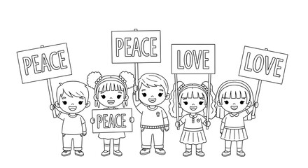 Diverse children holding signs with peace and love messages isolated on transparent background