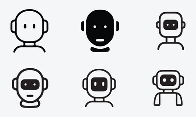 Set of AI Robot Icons, Line and Silhouette Vector Style on White Background